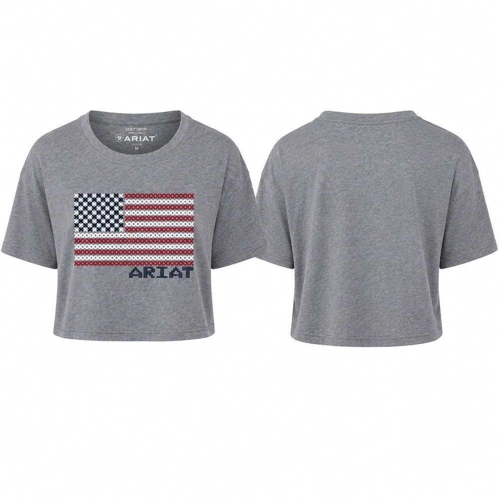 Ariat Womens M Boxy Crop USA Flag Graphic T-Shirt Heather Gray 10051298 NWT
